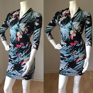 Jennifer Lopez Faux Wrap Tropical 3/4 Sleeve Dress